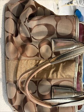 Coach Brown Signature Canvas Shoulder Bag with Metallic Gold Trim